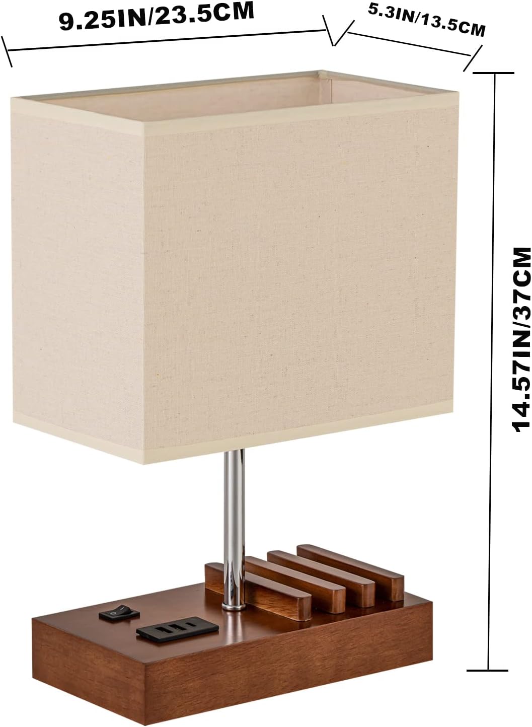 Briever USB Bedside Table Lamp - Desk Lamp with 3 USB Charging Ports and Phone Charge Dock, Wood Charging Station and Organizer