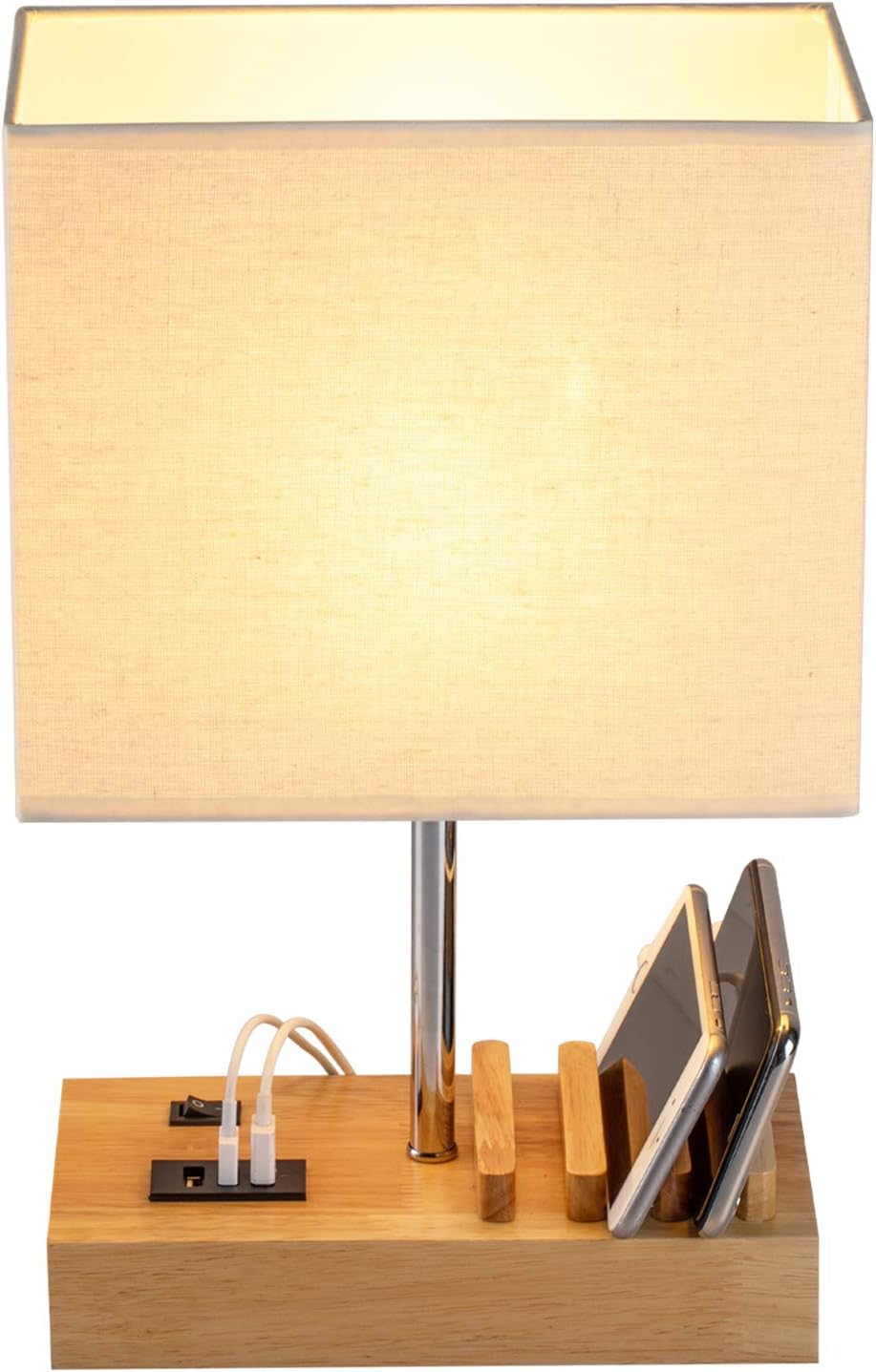 Briever USB Bedside Table Lamp - Desk Lamp with 3 USB Charging Ports and Phone Charge Dock, Wood Charging Station and Organizer