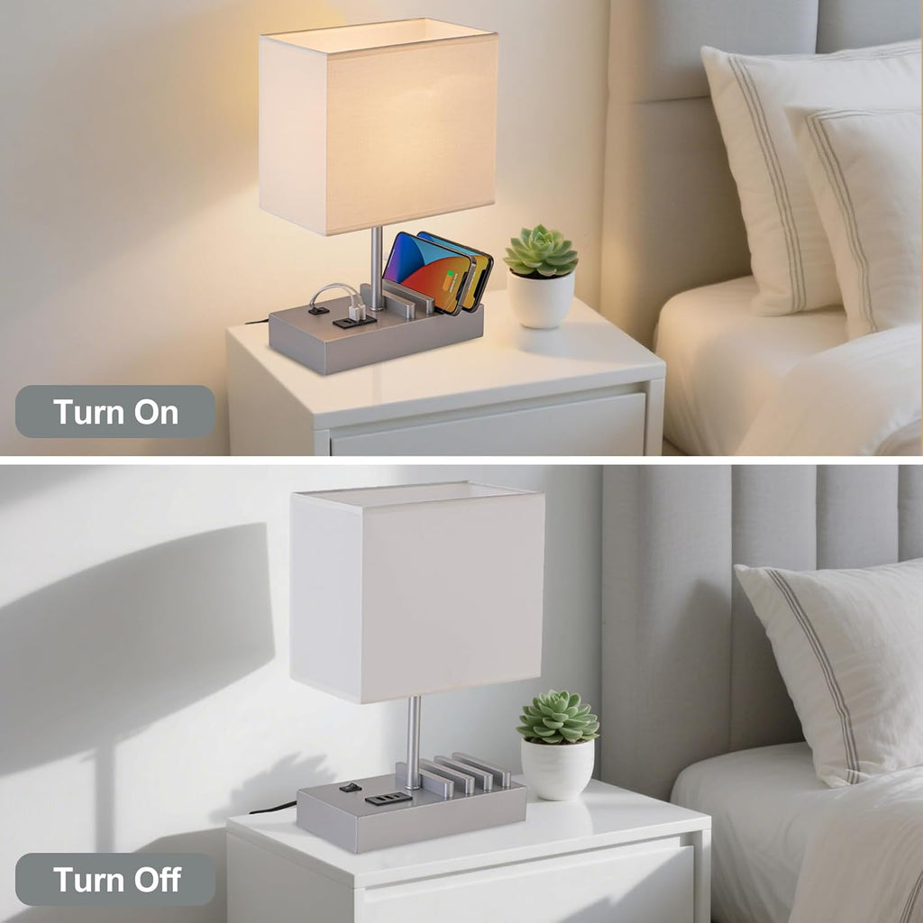 Briever USB Bedside Table Lamp - Desk Lamp with 3 USB Charging Ports and Phone Charge Dock, Wood Charging Station and Organizer