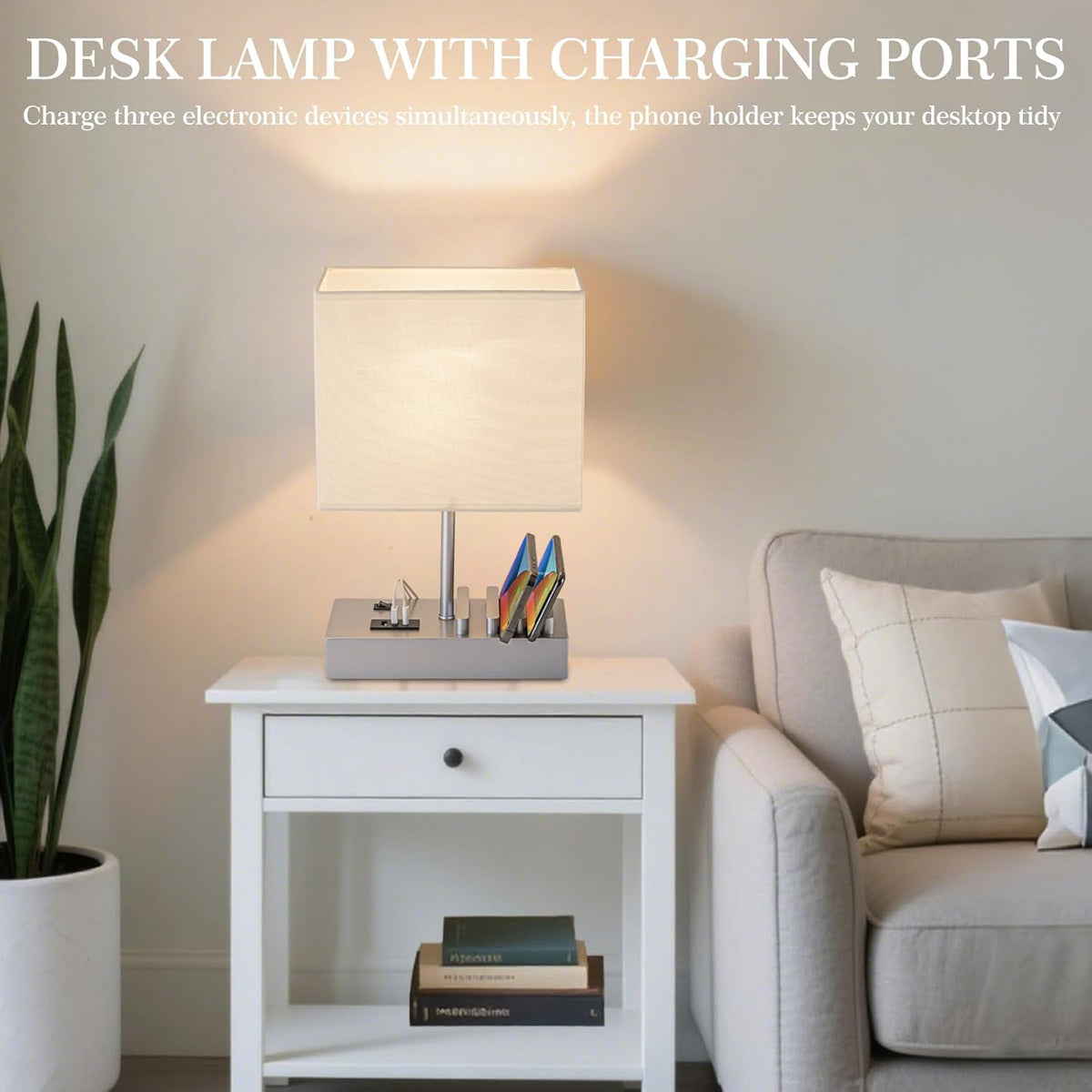Briever USB Bedside Table Lamp - Desk Lamp with 3 USB Charging Ports and Phone Charge Dock, Wood Charging Station and Organizer