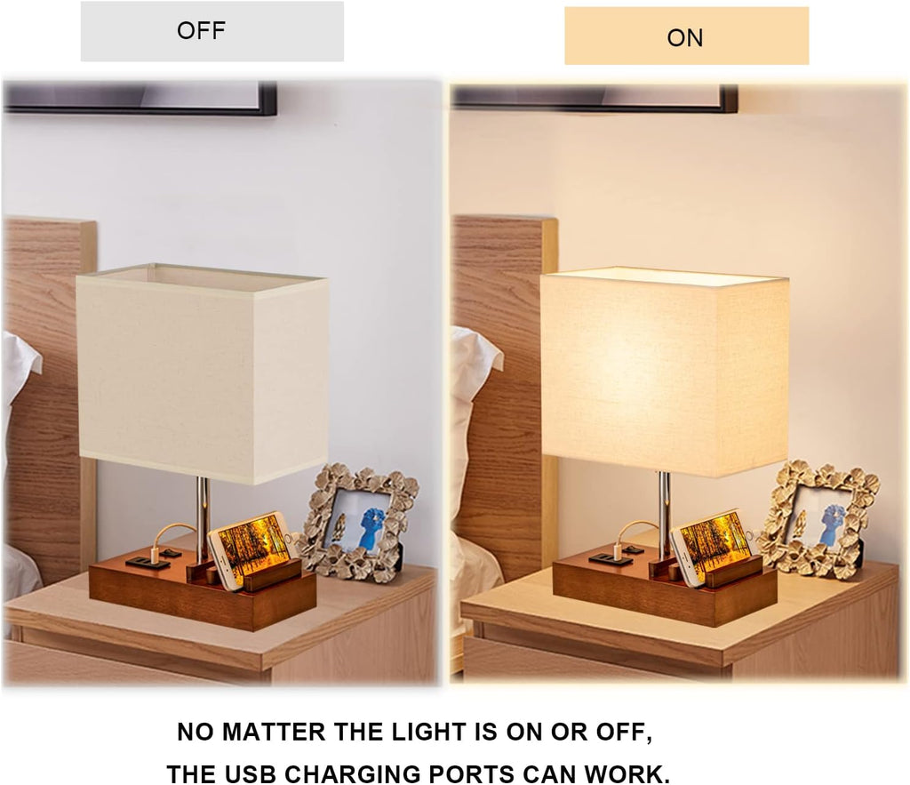 Briever USB Bedside Table Lamp - Desk Lamp with 3 USB Charging Ports and Phone Charge Dock, Wood Charging Station and Organizer