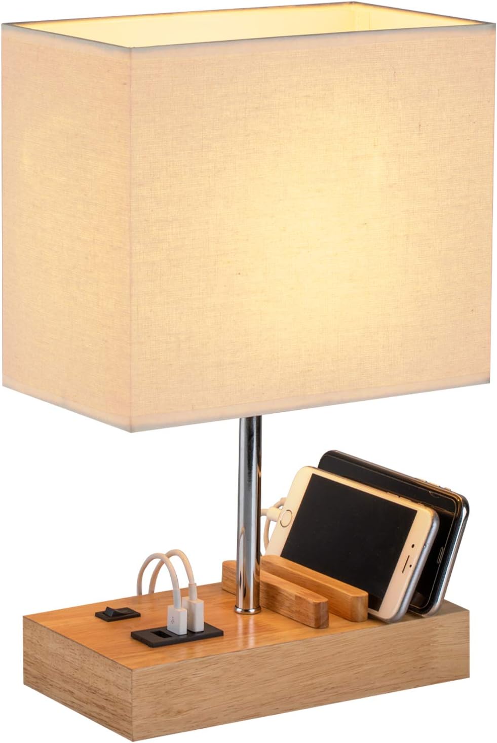Briever USB Bedside Table Lamp - Desk Lamp with 3 USB Charging Ports and Phone Charge Dock, Wood Charging Station and Organizer