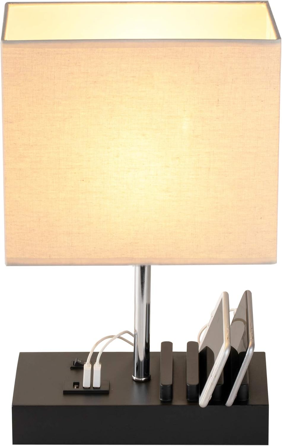 Briever USB Bedside Table Lamp - Desk Lamp with 3 USB Charging Ports and Phone Charge Dock, Wood Charging Station and Organizer