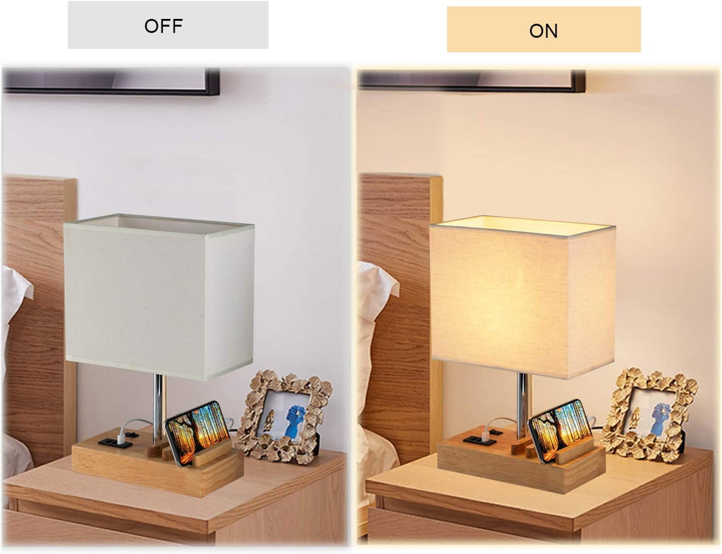Briever USB Bedside Table Lamp - Desk Lamp with 3 USB Charging Ports and Phone Charge Dock, Wood Charging Station and Organizer