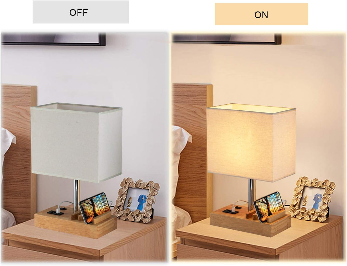 Briever USB Bedside Table Lamp - Desk Lamp with 3 USB Charging Ports and Phone Charge Dock, Wood Charging Station and Organizer