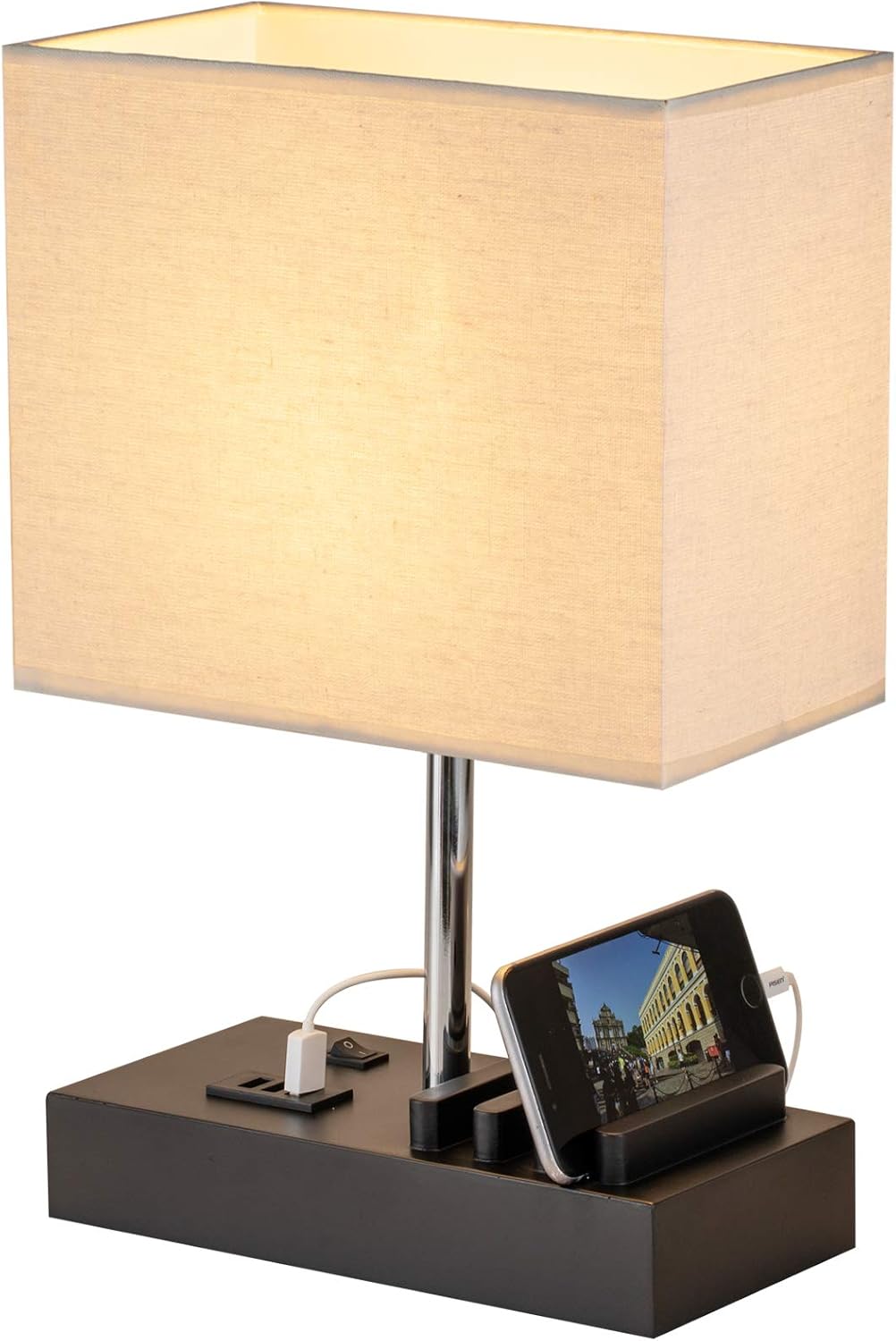 Briever USB Bedside Table Lamp - Desk Lamp with 3 USB Charging Ports and Phone Charge Dock, Wood Charging Station and Organizer