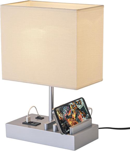 Briever USB Bedside Table Lamp - Desk Lamp with 3 USB Charging Ports and Phone Charge Dock, Wood Charging Station and Organizer