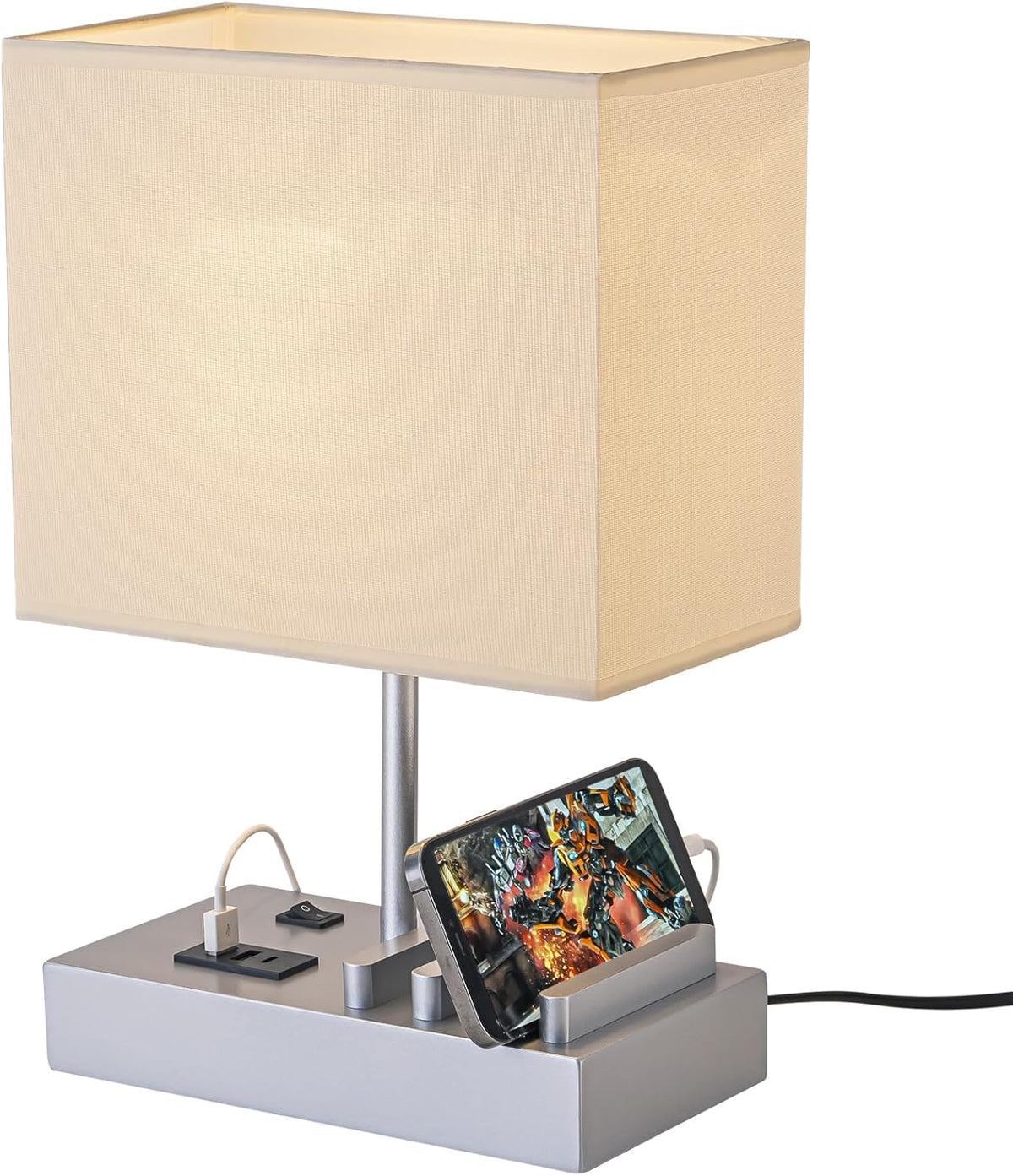 Briever USB Bedside Table Lamp - Desk Lamp with 3 USB Charging Ports and Phone Charge Dock, Wood Charging Station and Organizer