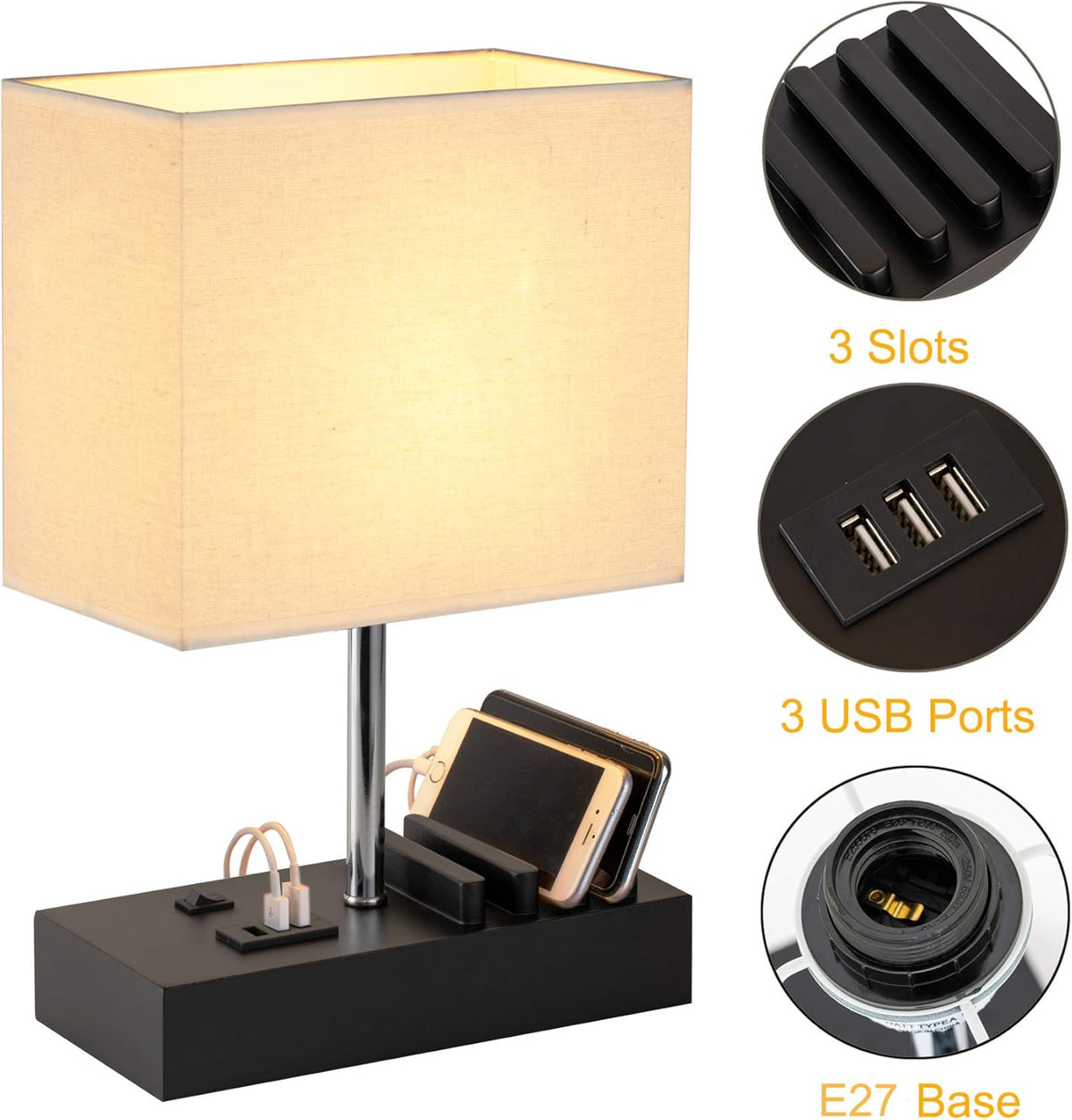 Briever USB Bedside Table Lamp - Desk Lamp with 3 USB Charging Ports and Phone Charge Dock, Wood Charging Station and Organizer