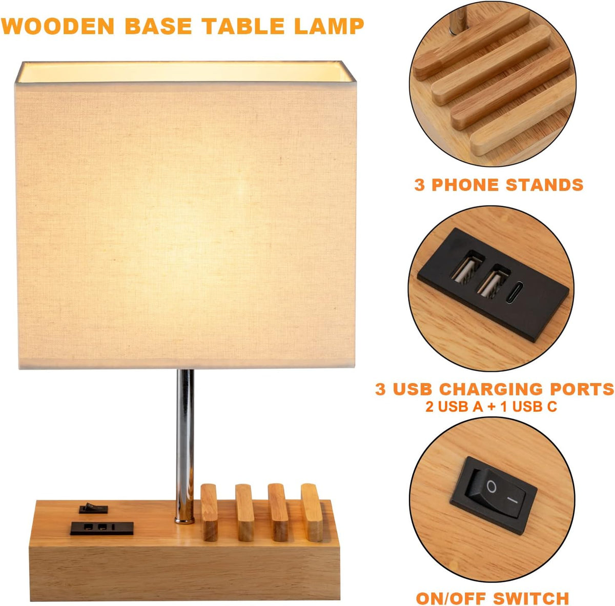 Briever USB Bedside Table Lamp - Desk Lamp with 3 USB Charging Ports and Phone Charge Dock, Wood Charging Station and Organizer