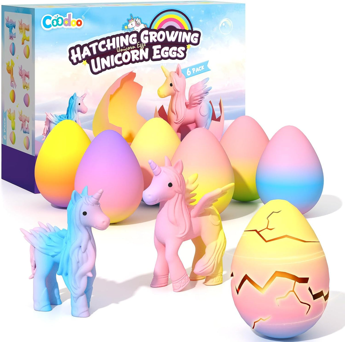 Coodoo Unicorn Hatching Rainbow Eggs - 6 Pack Grow-in-Water Unicorn Toys, Birthday & Easter Basket Stuffers
