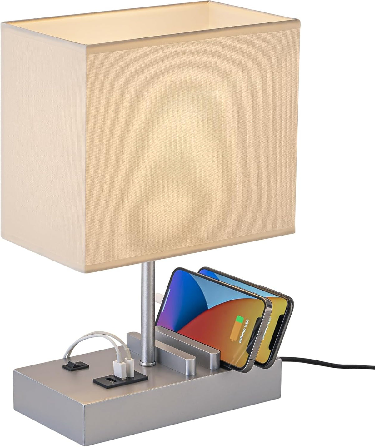 Briever USB Bedside Table Lamp - Desk Lamp with 3 USB Charging Ports and Phone Charge Dock, Wood Charging Station and Organizer