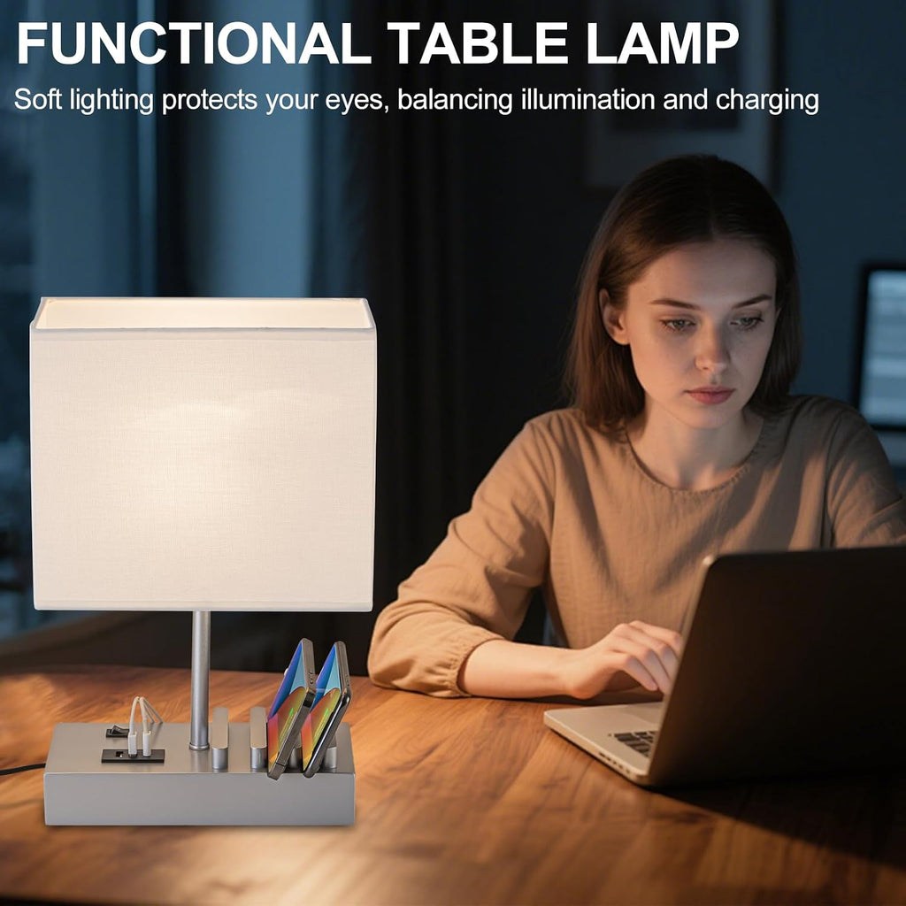 Briever USB Bedside Table Lamp - Desk Lamp with 3 USB Charging Ports and Phone Charge Dock, Wood Charging Station and Organizer