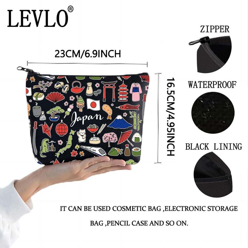 LEVLO Japan Travel Pouch Bag - Japan Souvenir Gift, Japan Theme Zipper Pouch, Japanese Trip Gift (Black)