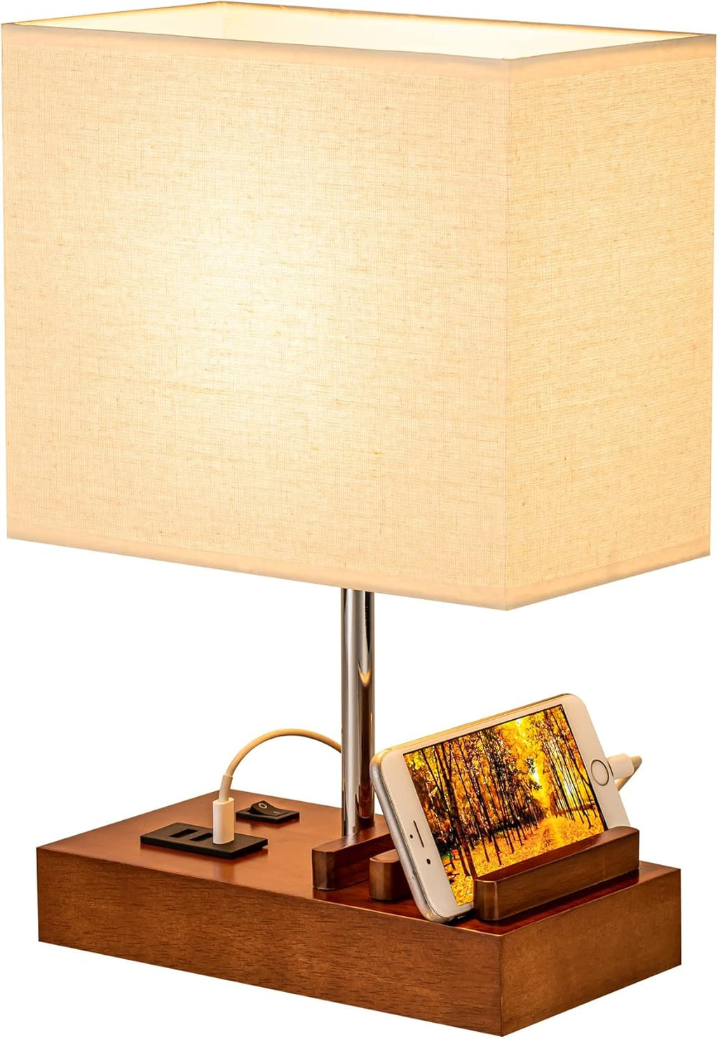 Briever USB Bedside Table Lamp - Desk Lamp with 3 USB Charging Ports and Phone Charge Dock, Wood Charging Station and Organizer