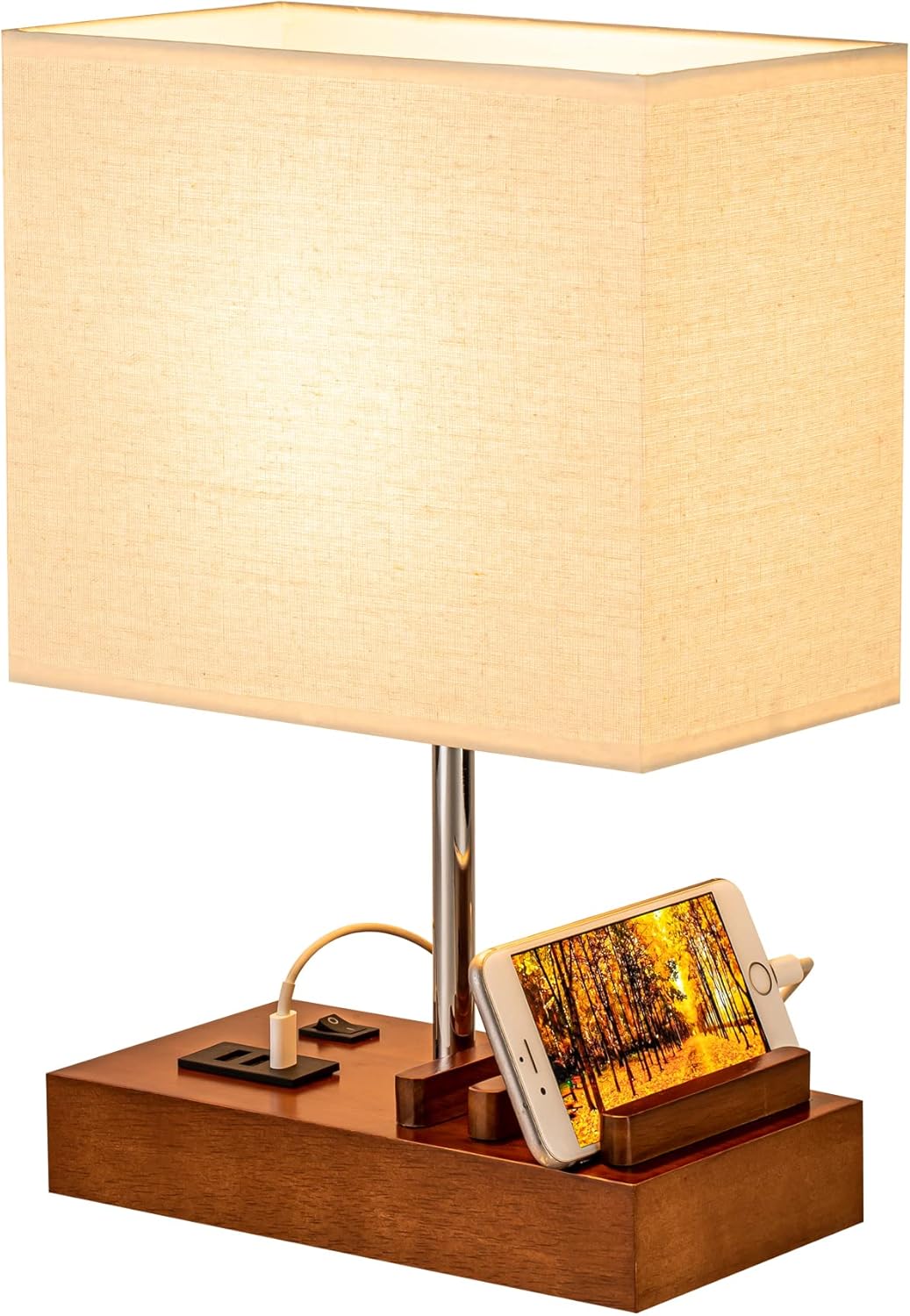 Briever USB Bedside Table Lamp - Desk Lamp with 3 USB Charging Ports and Phone Charge Dock, Wood Charging Station and Organizer