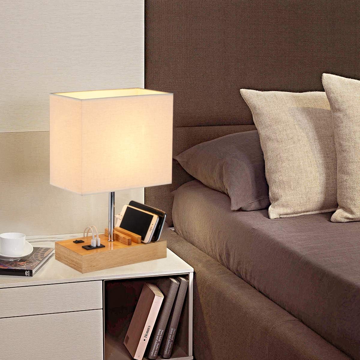 Briever USB Bedside Table Lamp - Desk Lamp with 3 USB Charging Ports and Phone Charge Dock, Wood Charging Station and Organizer