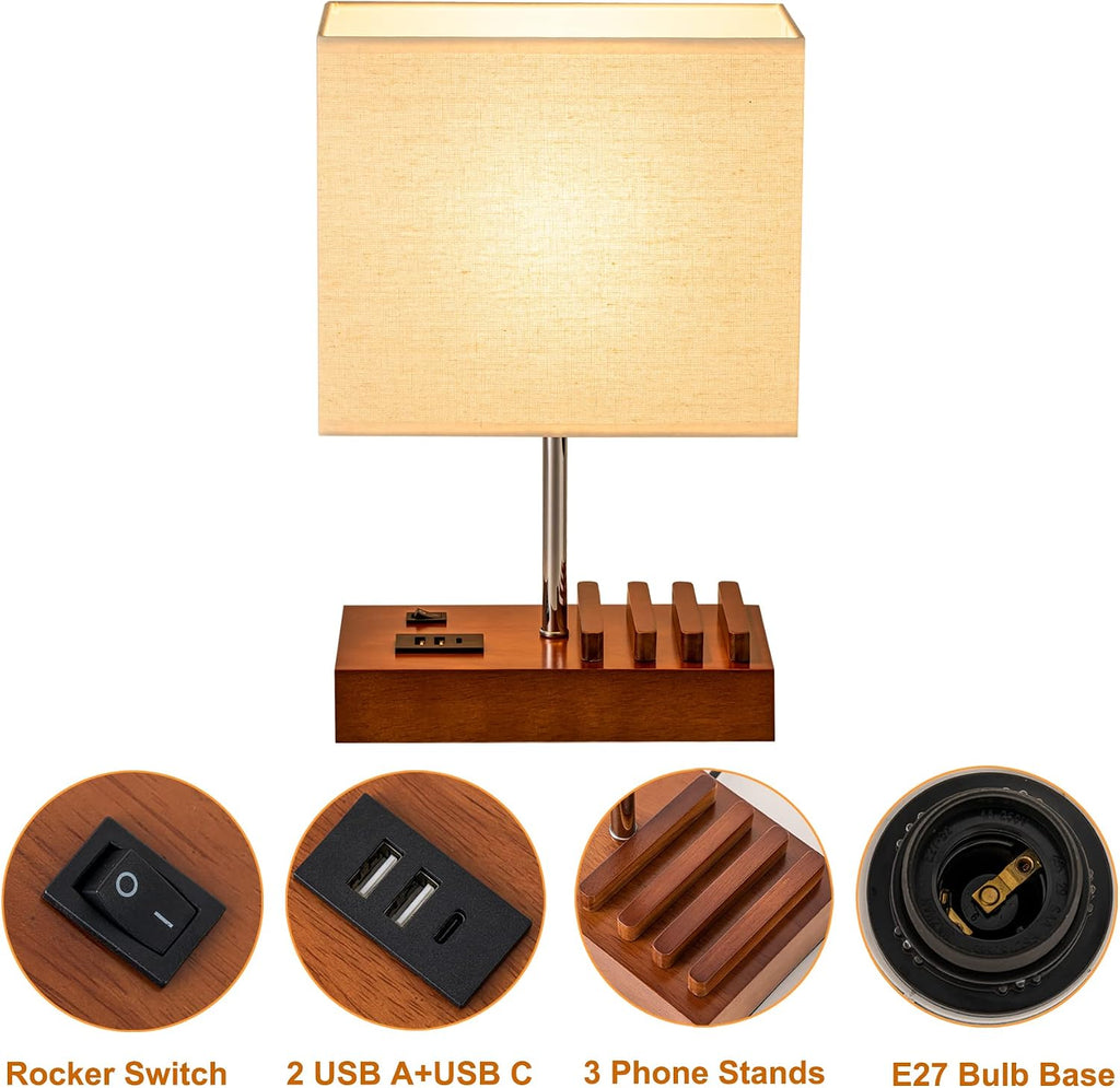Briever USB Bedside Table Lamp - Desk Lamp with 3 USB Charging Ports and Phone Charge Dock, Wood Charging Station and Organizer