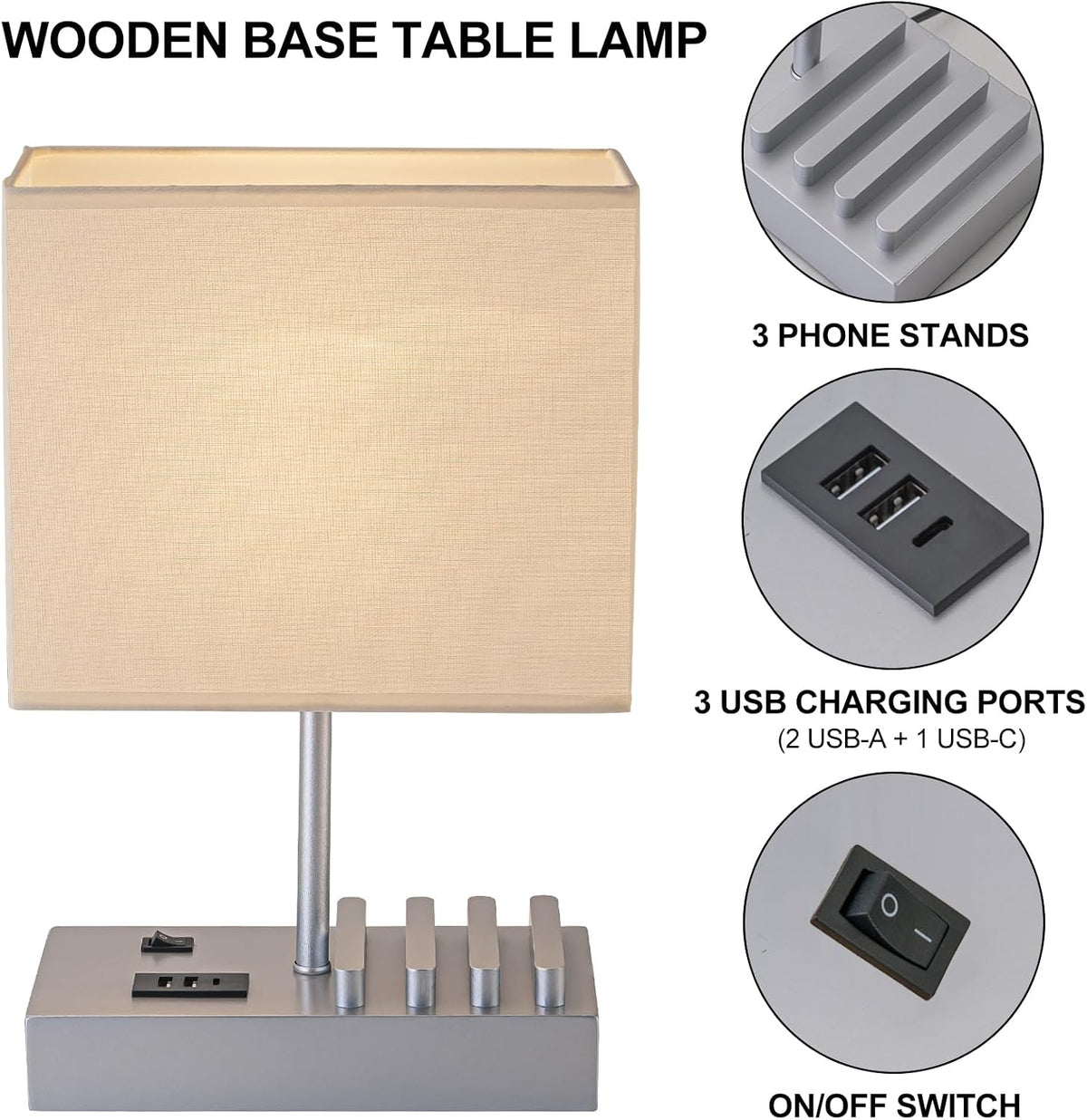 Briever USB Bedside Table Lamp - Desk Lamp with 3 USB Charging Ports and Phone Charge Dock, Wood Charging Station and Organizer