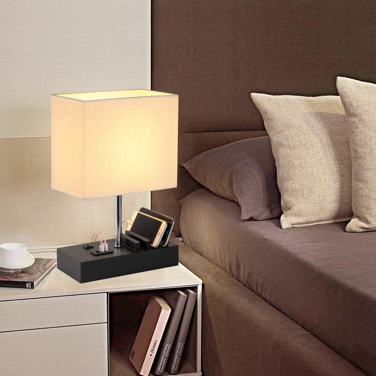 Briever USB Bedside Table Lamp - Desk Lamp with 3 USB Charging Ports and Phone Charge Dock, Wood Charging Station and Organizer