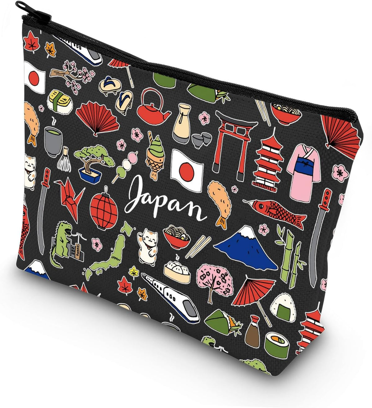 LEVLO Japan Travel Pouch Bag - Japan Souvenir Gift, Japan Theme Zipper Pouch, Japanese Trip Gift (Black)