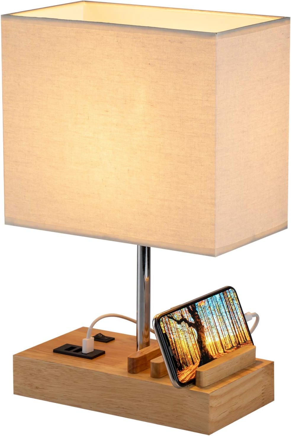 Briever USB Bedside Table Lamp - Desk Lamp with 3 USB Charging Ports and Phone Charge Dock, Wood Charging Station and Organizer