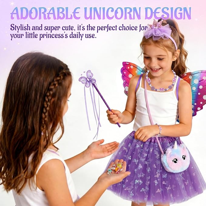 GSrenyu 8 Pcs Fairy Costume Set for Girls - Butterfly Costume with Wings, Unicorn Tutu Dress-Up Set