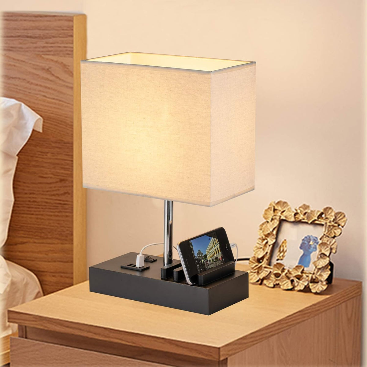 Briever USB Bedside Table Lamp - Desk Lamp with 3 USB Charging Ports and Phone Charge Dock, Wood Charging Station and Organizer