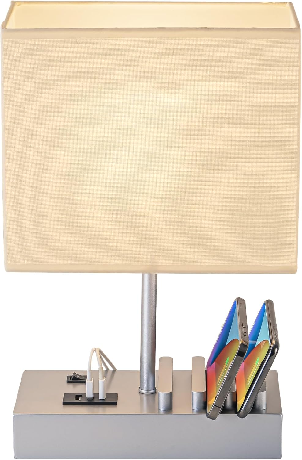 Briever USB Bedside Table Lamp - Desk Lamp with 3 USB Charging Ports and Phone Charge Dock, Wood Charging Station and Organizer