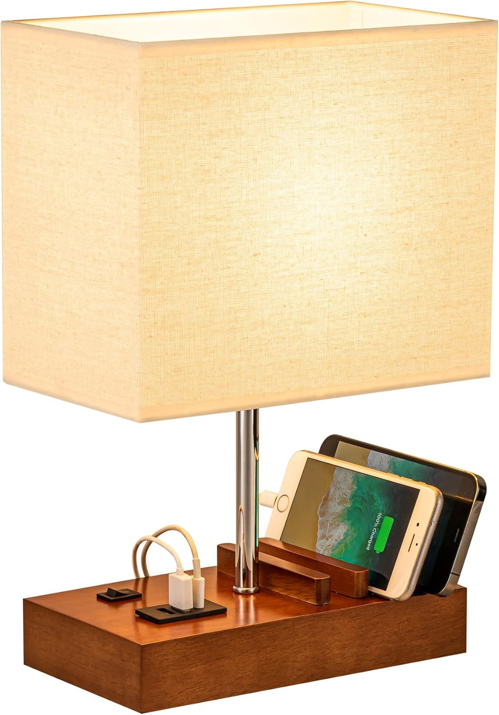 Briever USB Bedside Table Lamp - Desk Lamp with 3 USB Charging Ports and Phone Charge Dock, Wood Charging Station and Organizer