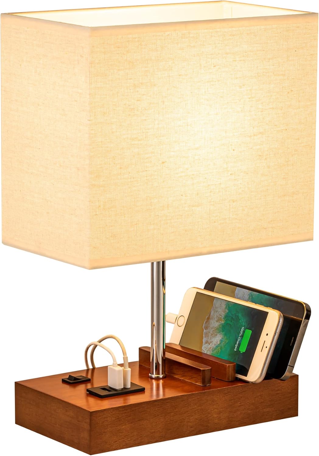 Briever USB Bedside Table Lamp - Desk Lamp with 3 USB Charging Ports and Phone Charge Dock, Wood Charging Station and Organizer