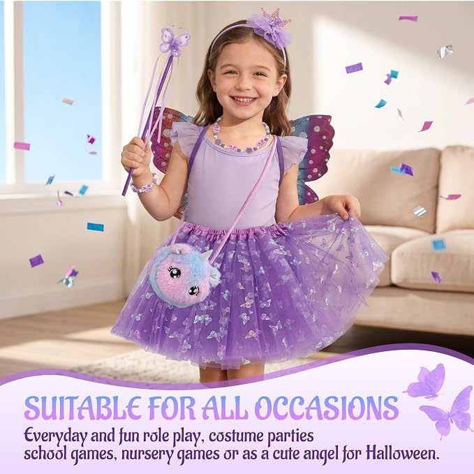 GSrenyu 8 Pcs Fairy Costume Set for Girls - Butterfly Costume with Wings, Unicorn Tutu Dress-Up Set