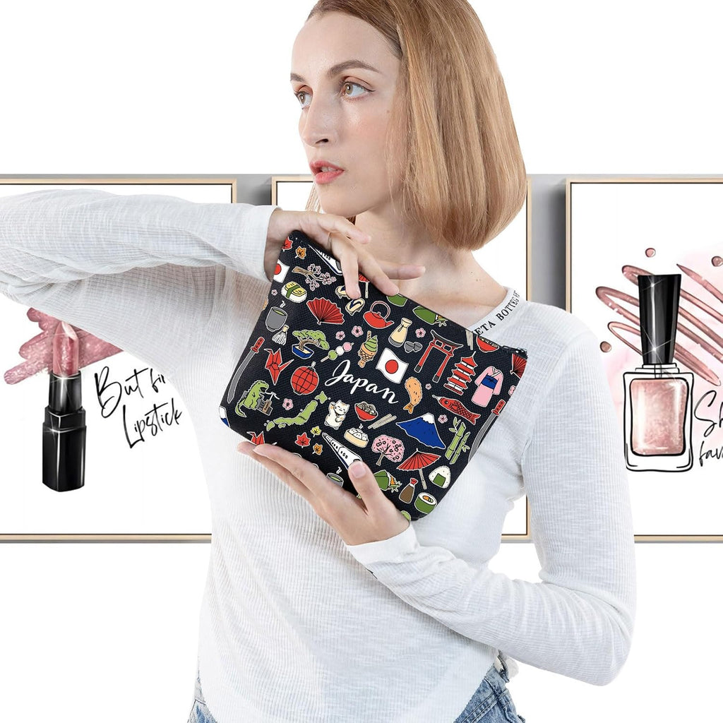 LEVLO Japan Travel Pouch Bag - Japan Souvenir Gift, Japan Theme Zipper Pouch, Japanese Trip Gift (Black)