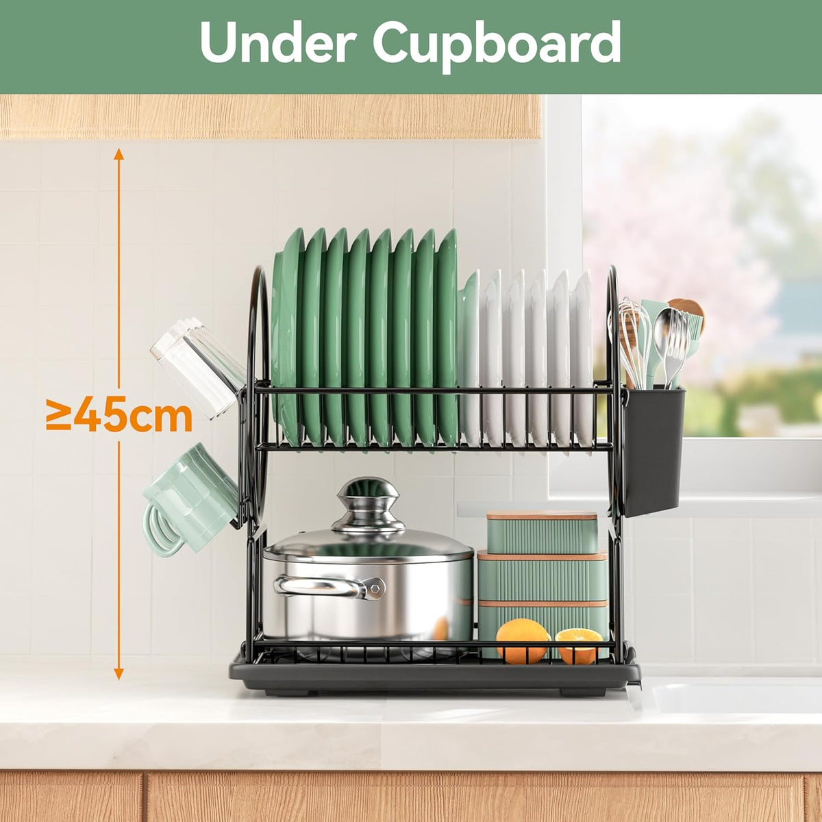 niffgaff 2-Tier Black Dish Drying Rack - Stainless Steel Dish Drainer with Drip Tray, Utensil Holder & Cup Holder