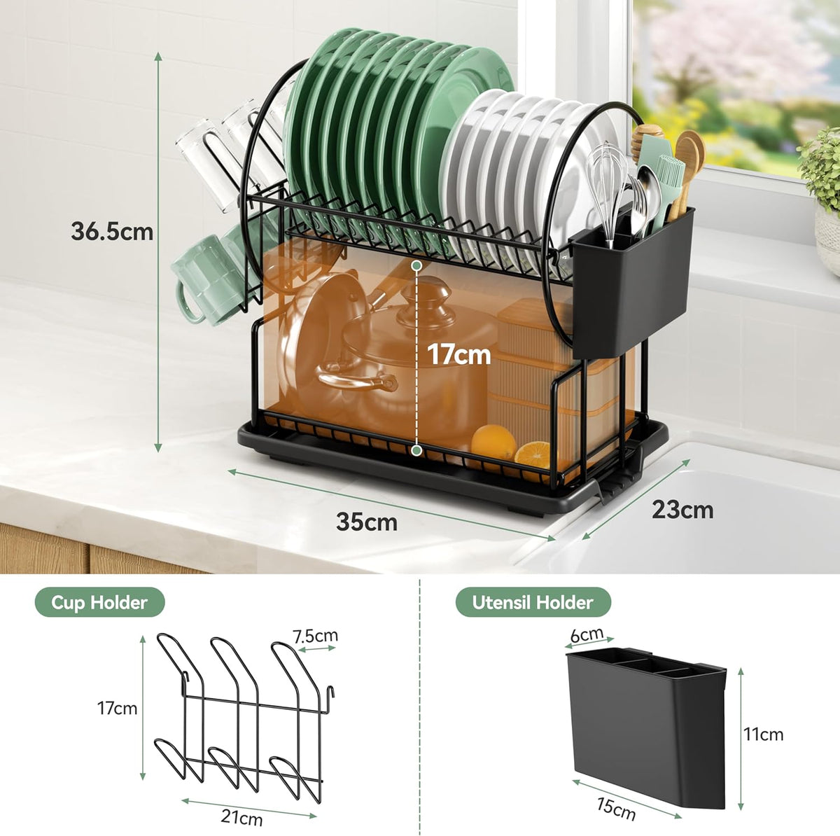 niffgaff 2-Tier Black Dish Drying Rack - Stainless Steel Dish Drainer with Drip Tray, Utensil Holder & Cup Holder