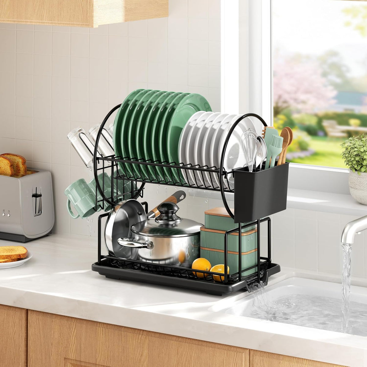 niffgaff 2-Tier Black Dish Drying Rack - Stainless Steel Dish Drainer with Drip Tray, Utensil Holder & Cup Holder