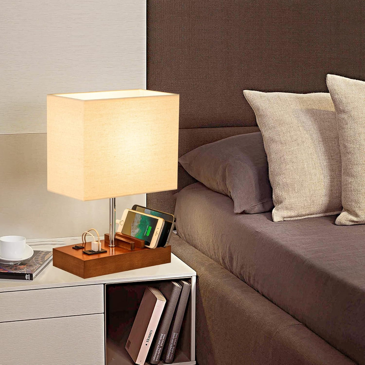 Briever USB Bedside Table Lamp - Desk Lamp with 3 USB Charging Ports and Phone Charge Dock, Wood Charging Station and Organizer