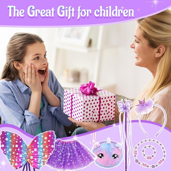 GSrenyu 8 Pcs Fairy Costume Set for Girls - Butterfly Costume with Wings, Unicorn Tutu Dress-Up Set