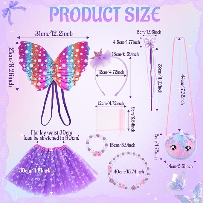 GSrenyu 8 Pcs Fairy Costume Set for Girls - Butterfly Costume with Wings, Unicorn Tutu Dress-Up Set