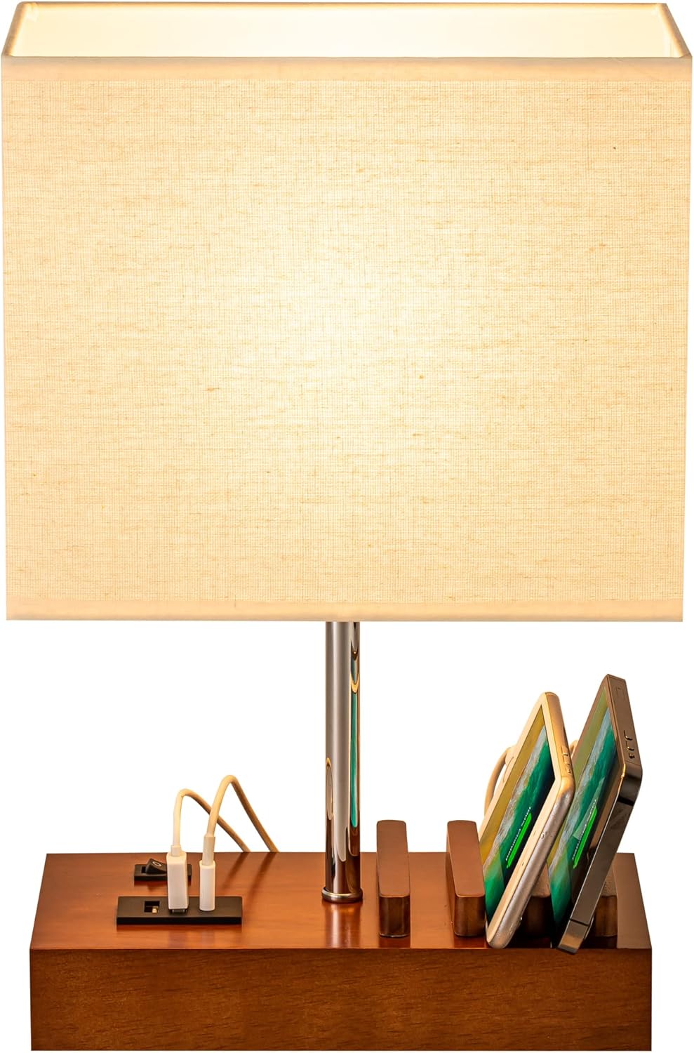 Briever USB Bedside Table Lamp - Desk Lamp with 3 USB Charging Ports and Phone Charge Dock, Wood Charging Station and Organizer
