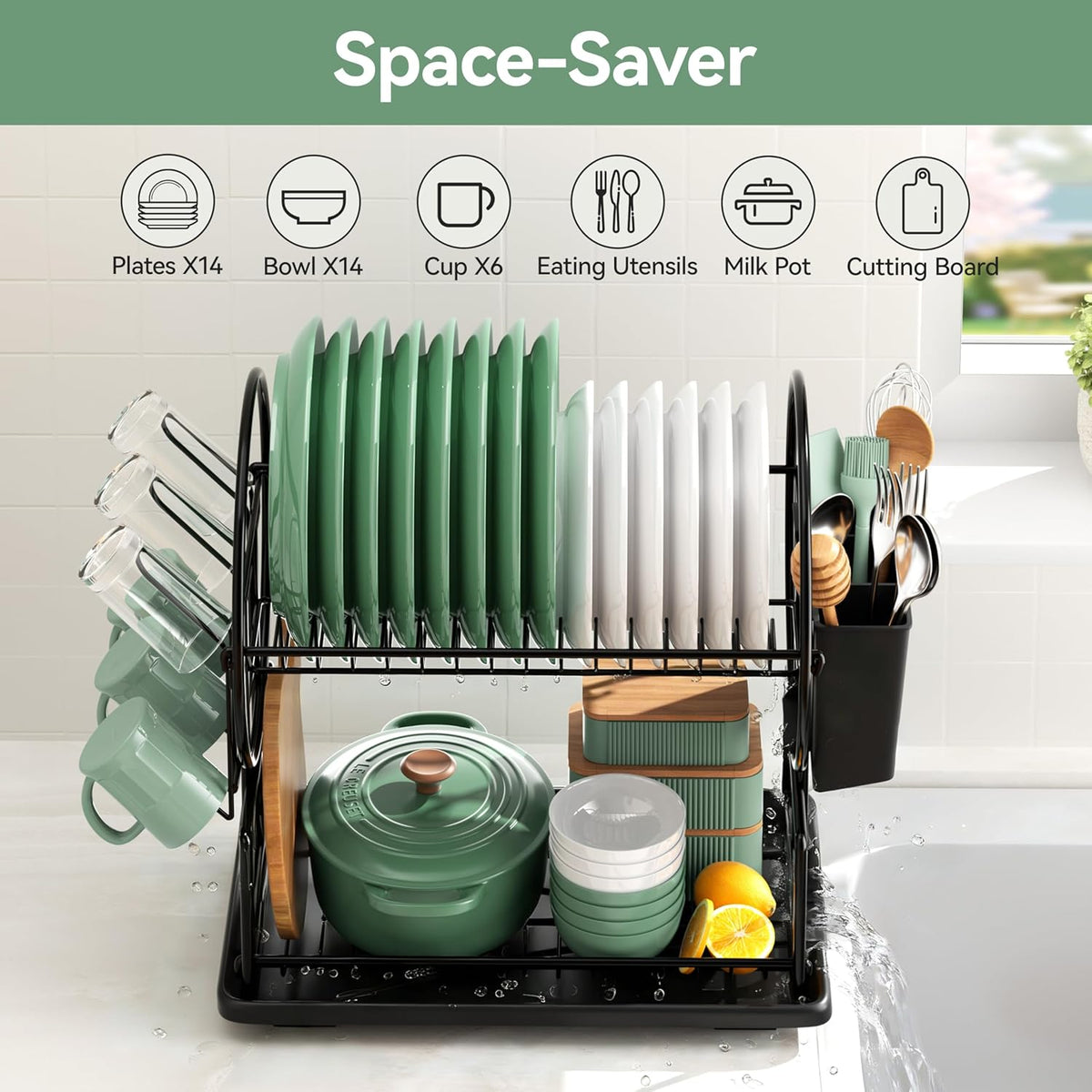 niffgaff 2-Tier Black Dish Drying Rack - Stainless Steel Dish Drainer with Drip Tray, Utensil Holder & Cup Holder