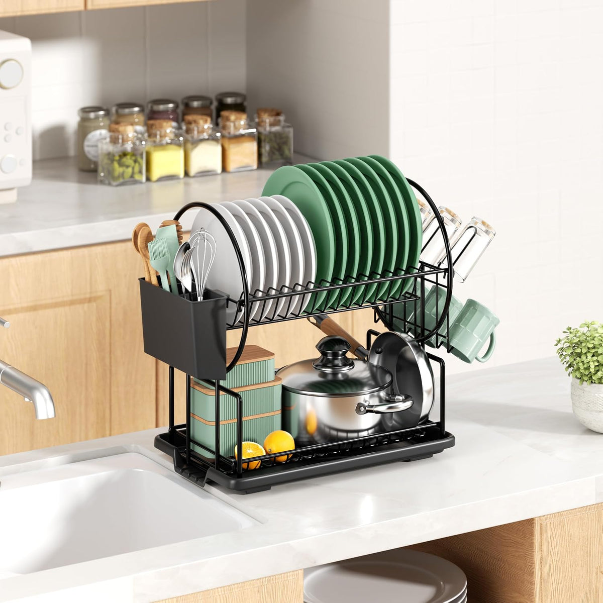 niffgaff 2-Tier Black Dish Drying Rack - Stainless Steel Dish Drainer with Drip Tray, Utensil Holder & Cup Holder