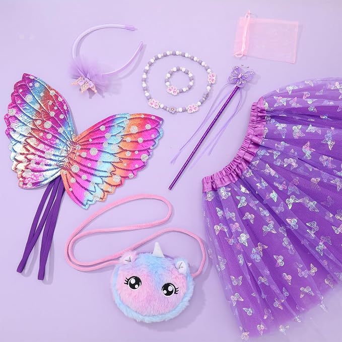 GSrenyu 8 Pcs Fairy Costume Set for Girls - Butterfly Costume with Wings, Unicorn Tutu Dress-Up Set