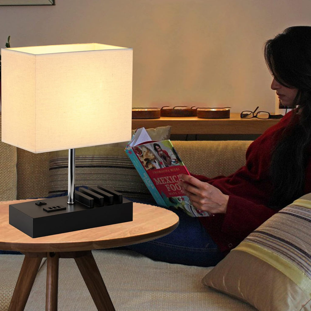 Briever USB Bedside Table Lamp - Desk Lamp with 3 USB Charging Ports and Phone Charge Dock, Wood Charging Station and Organizer