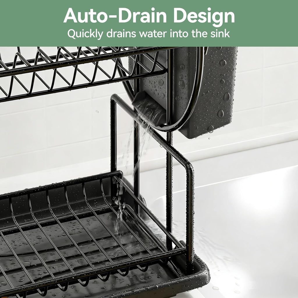 niffgaff 2-Tier Black Dish Drying Rack - Stainless Steel Dish Drainer with Drip Tray, Utensil Holder & Cup Holder