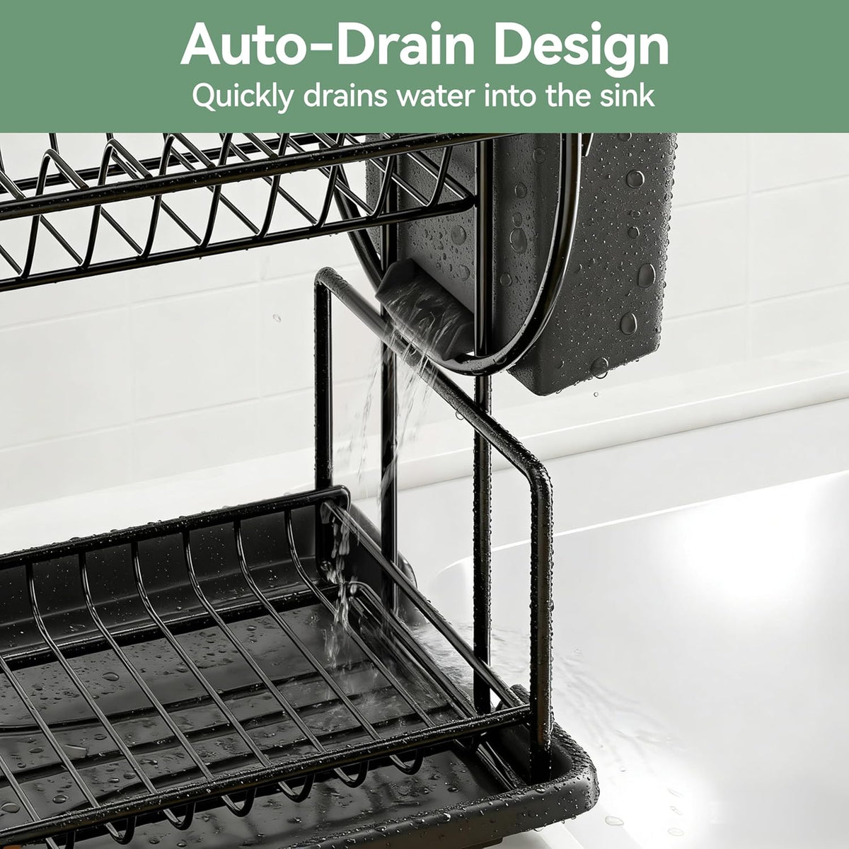 niffgaff 2-Tier Black Dish Drying Rack - Stainless Steel Dish Drainer with Drip Tray, Utensil Holder & Cup Holder