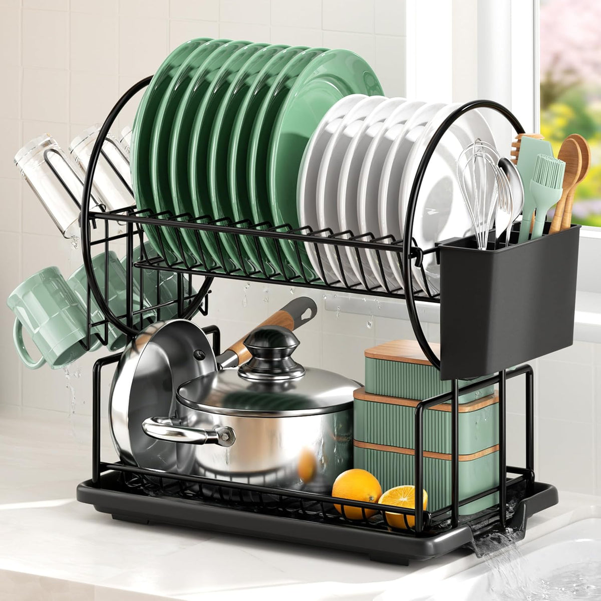 niffgaff 2-Tier Black Dish Drying Rack - Stainless Steel Dish Drainer with Drip Tray, Utensil Holder & Cup Holder