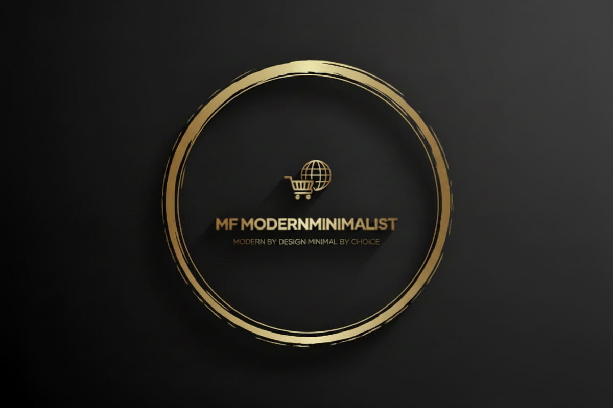 A minimalist gold logo on a black background, featuring a shopping cart and globe icon inside a circular brushstroke frame, with the text 'MF MODERNMINIMALIST' and smaller text 'MODERN BY DESIGN MINIMAL BY CHOICE'.